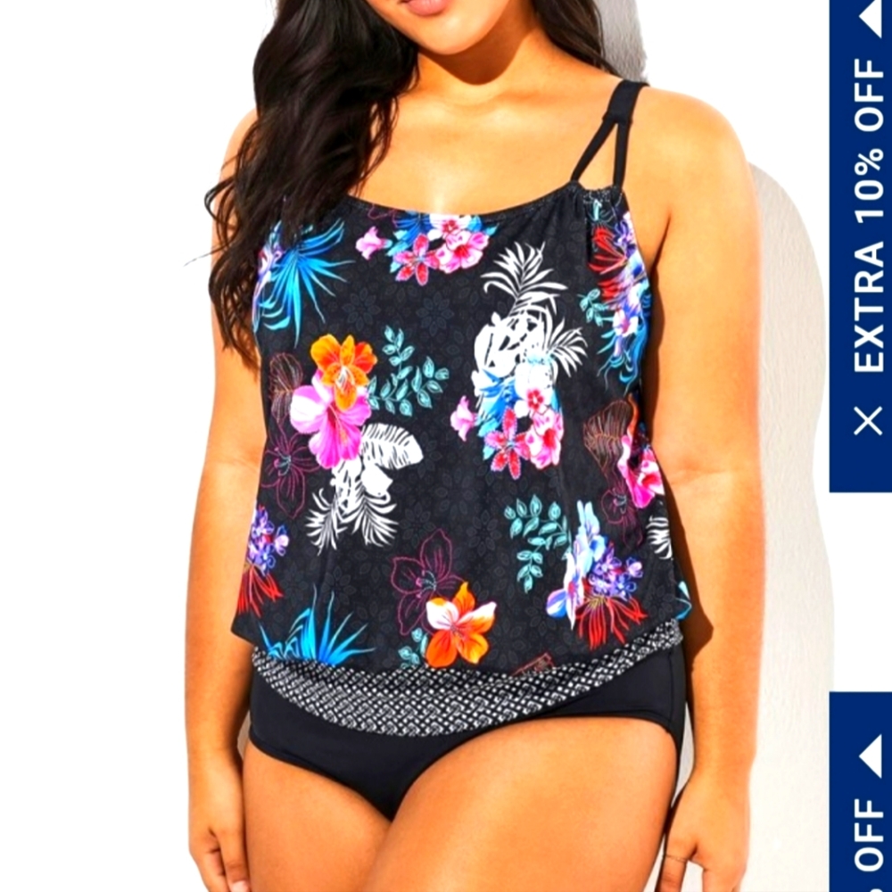 NEW Hawaiian Printed Blouson 2X TUMMY CONTROL One Piece Swimsuit